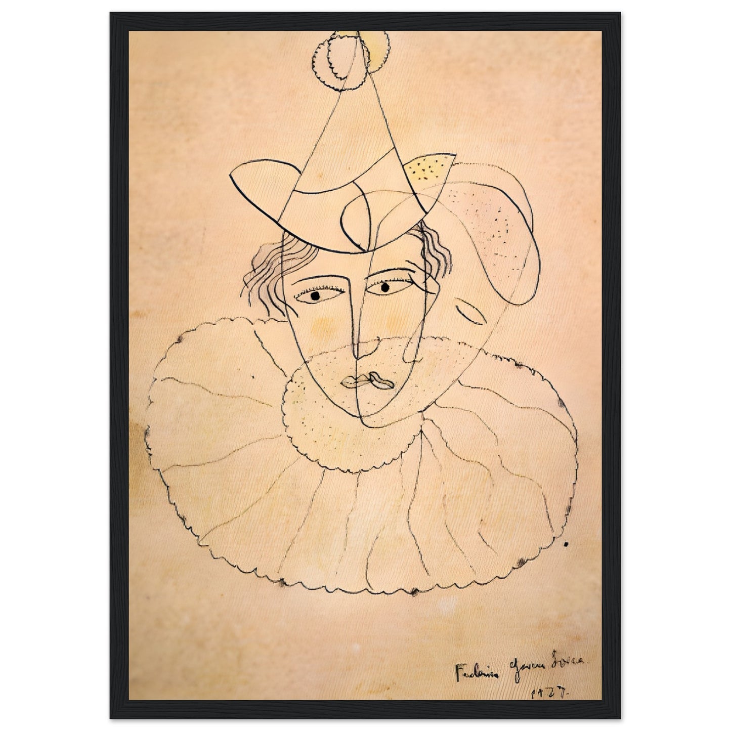 Obra original de Lorca: “Payaso de rostro desdoblado”, recuperada para la Gira Lorquiana 2025. Edición limitada enmarcada con certificado. Una joya literaria visual.