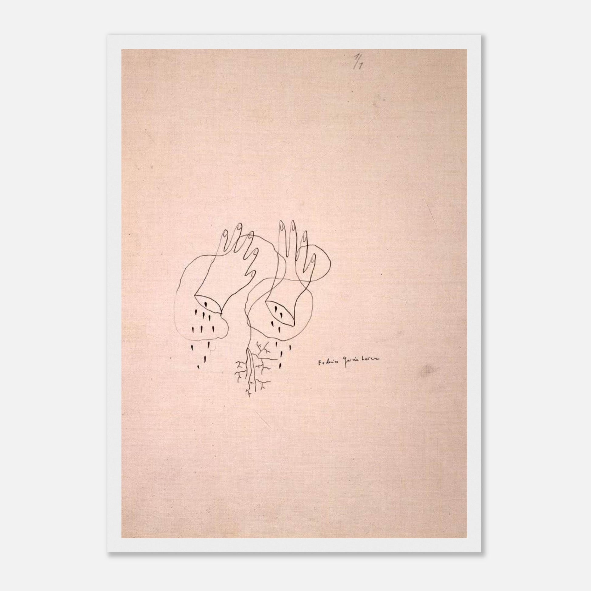 Dibujo original de Federico García Lorca: "Manos cortadas". Edición exclusiva Gira Lorquiana 2025. Arte simbólico, numerado y con certificado. Solo bajo demanda.