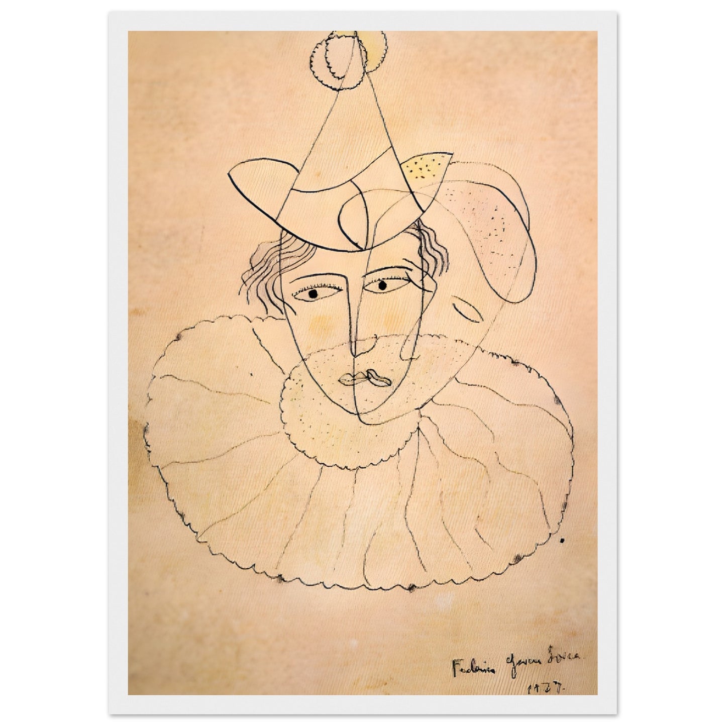 Obra original de Lorca: “Payaso de rostro desdoblado”, recuperada para la Gira Lorquiana 2025. Edición limitada enmarcada con certificado. Una joya literaria visual.