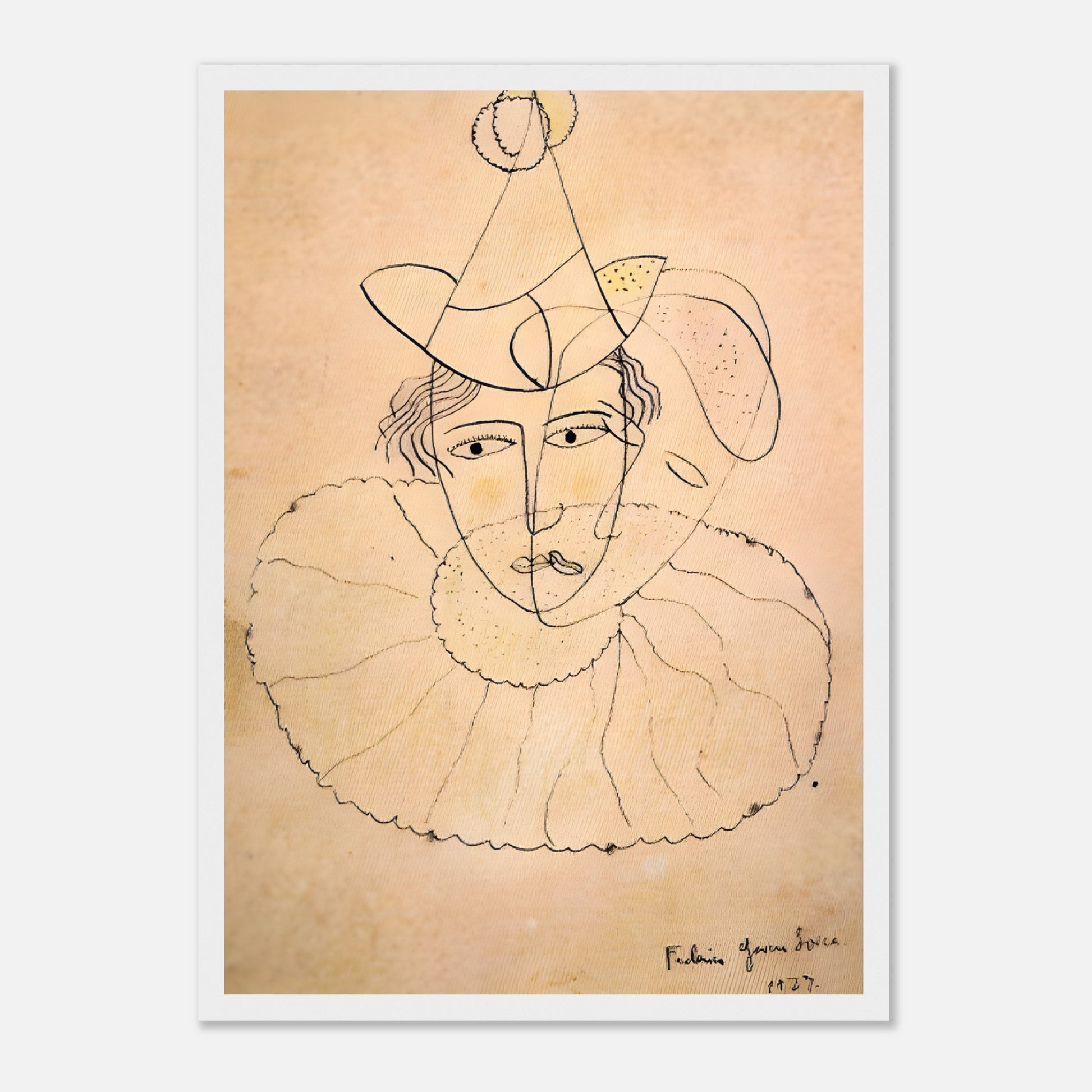 Obra original de Lorca: “Payaso de rostro desdoblado”, recuperada para la Gira Lorquiana 2025. Edición limitada enmarcada con certificado. Una joya literaria visual.